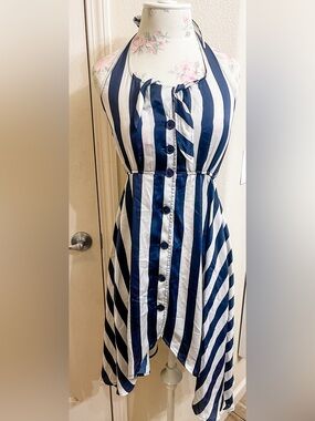 Striped Halter Asymmetrical Dress - Navy & White